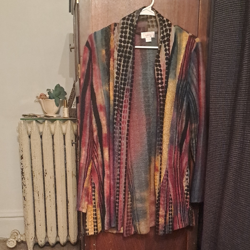 Kamana Woman's Size Med Colorful Boho Mixed Media Striped Open Cardigan